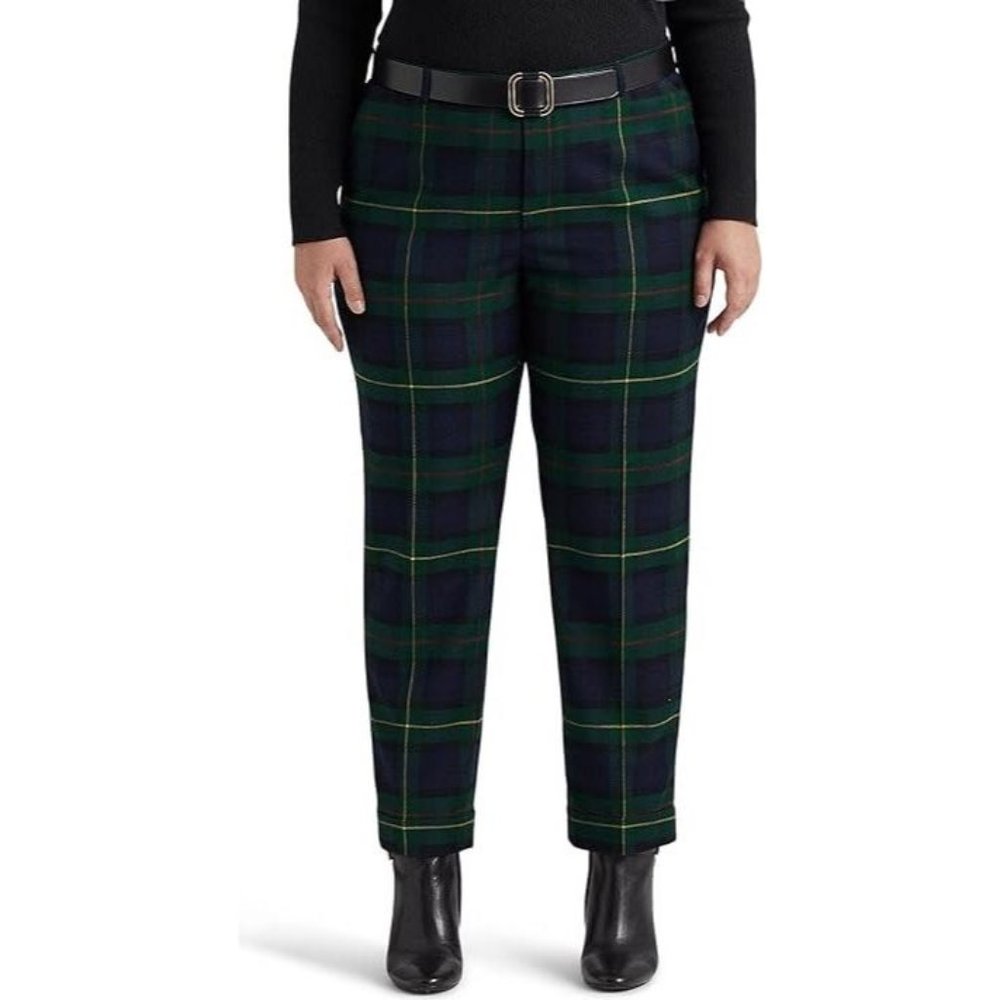 Lauren Ralph Lauren NWT Plaid Pleated Twill Ankle Pants in Green Multi size 18W